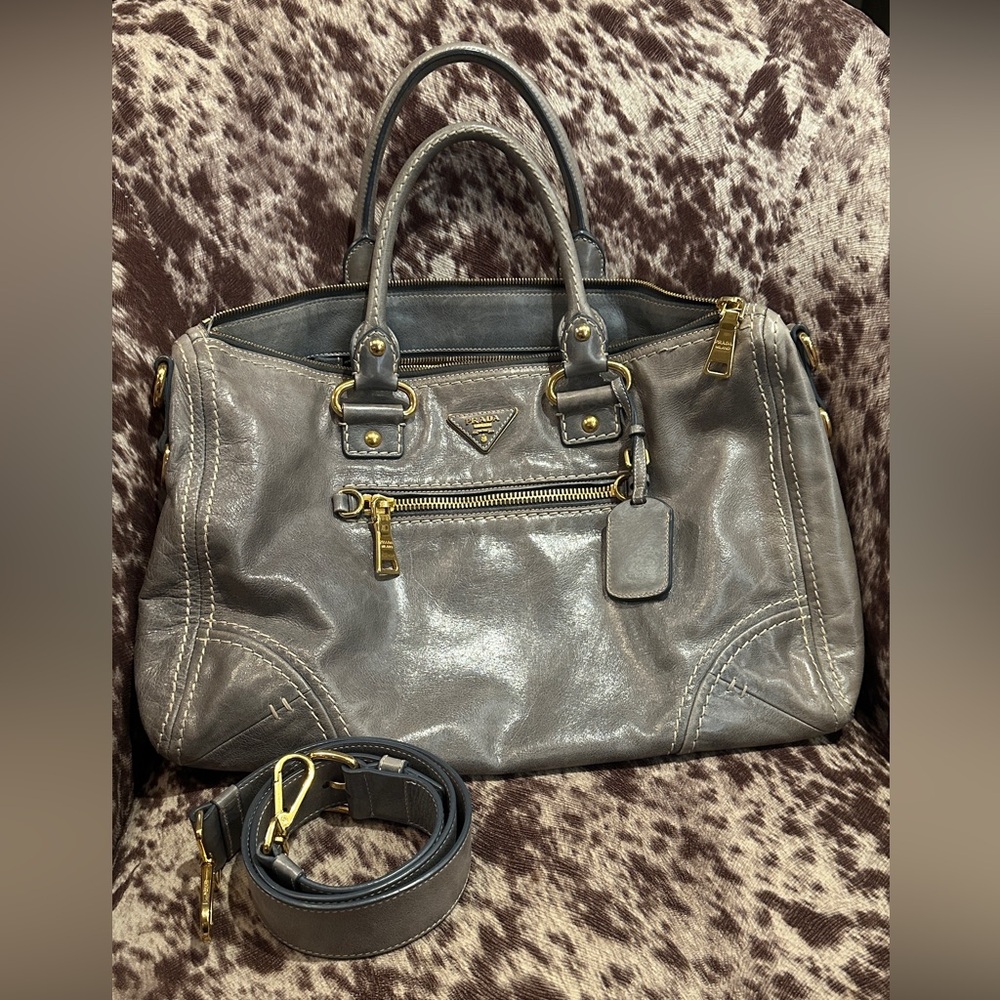 Prada Gray Satchel with Structured Design and Detachable Strap